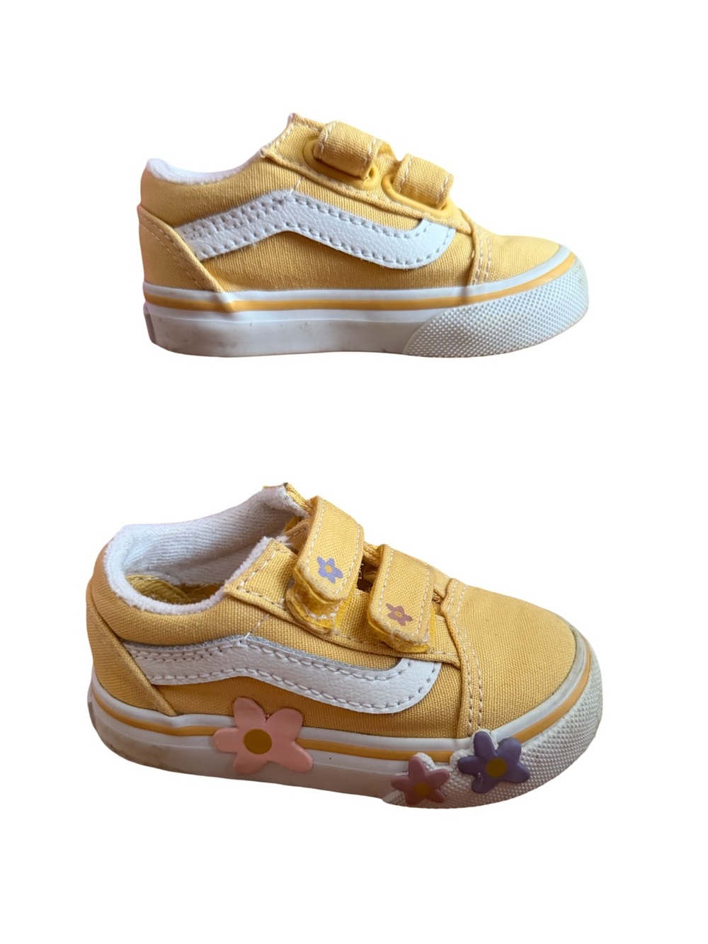 Vans Kids Yellow Canvas Velcro Sneakers with White Stripe and Flower Charms